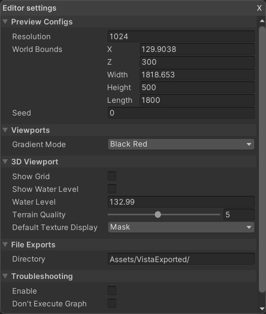 Vista Graph Editor settings panel showing resolution, world bounds, seed, and execution settings