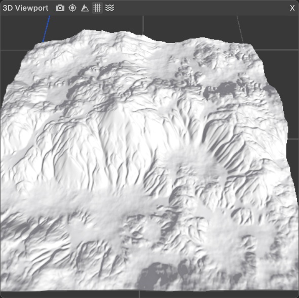 Vista Graph Editor 3D viewport showing a generated mountain terrain preview