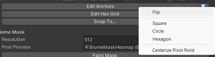 Local Procedural Biome Inspector menu showing the Flip command for hex grid falloff