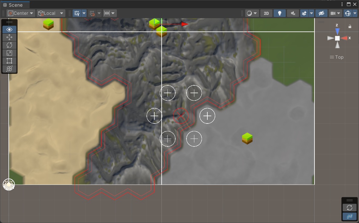 Unity Scene view showing hex grid cells and add/remove handles for a biome