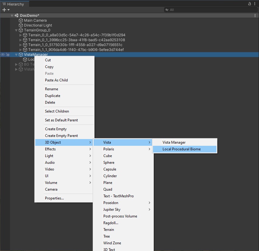 Unity Hierarchy menu showing 3D Object > Vista > Local Procedural Biome