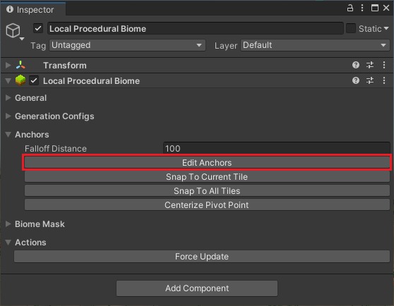 Local Procedural Biome Inspector with the Edit Anchors button highlighted