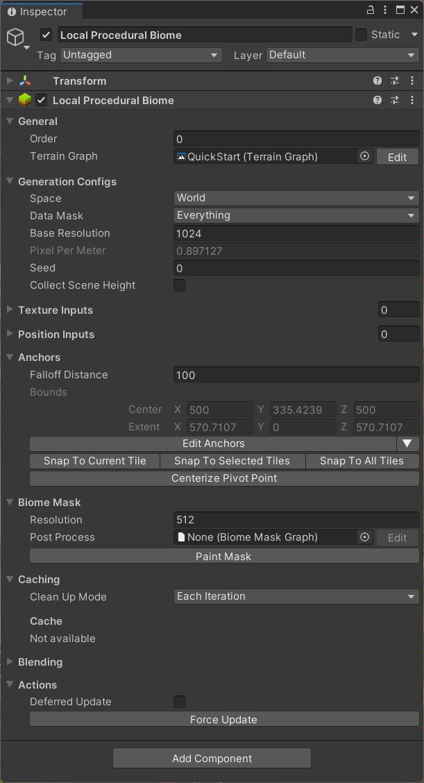 Local Procedural Biome Inspector showing general settings, anchors, biome mask, caching, blending, and actions