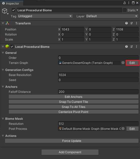 The Local Procedural Biome Inspector with the Terrain Graph Edit button highlighted