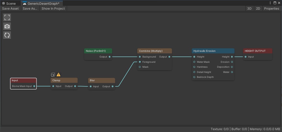 The terrain graph using Biome Mask Input to soften erosion near the biome boundary