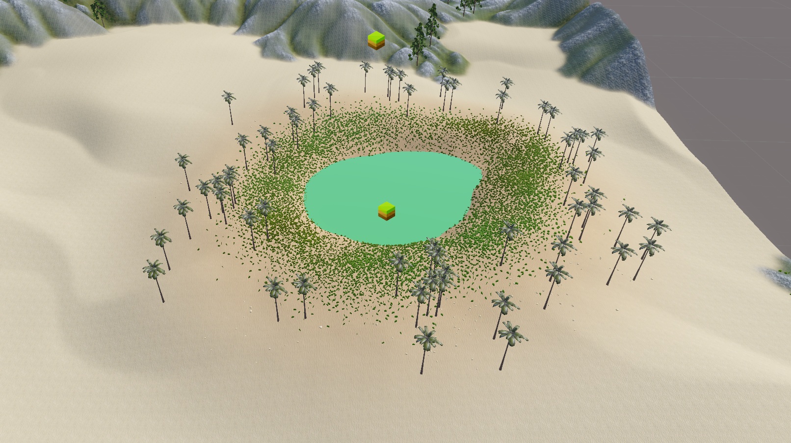 An oasis biome blending into a surrounding dunes terrain using Replace mode