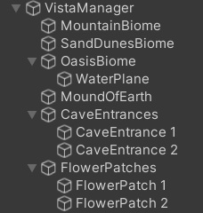 Unity Hierarchy showing Vista biomes arranged in blend order