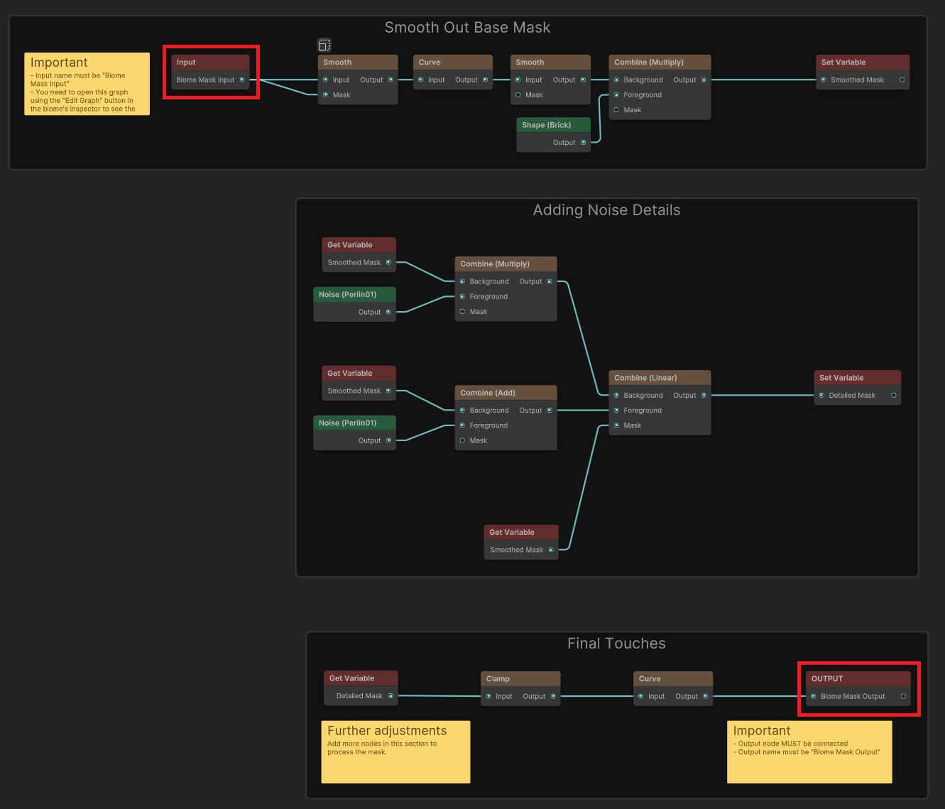 A Biome Mask Graph open in the graph editor showing Biome Mask Input and Biome Mask Output nodes
