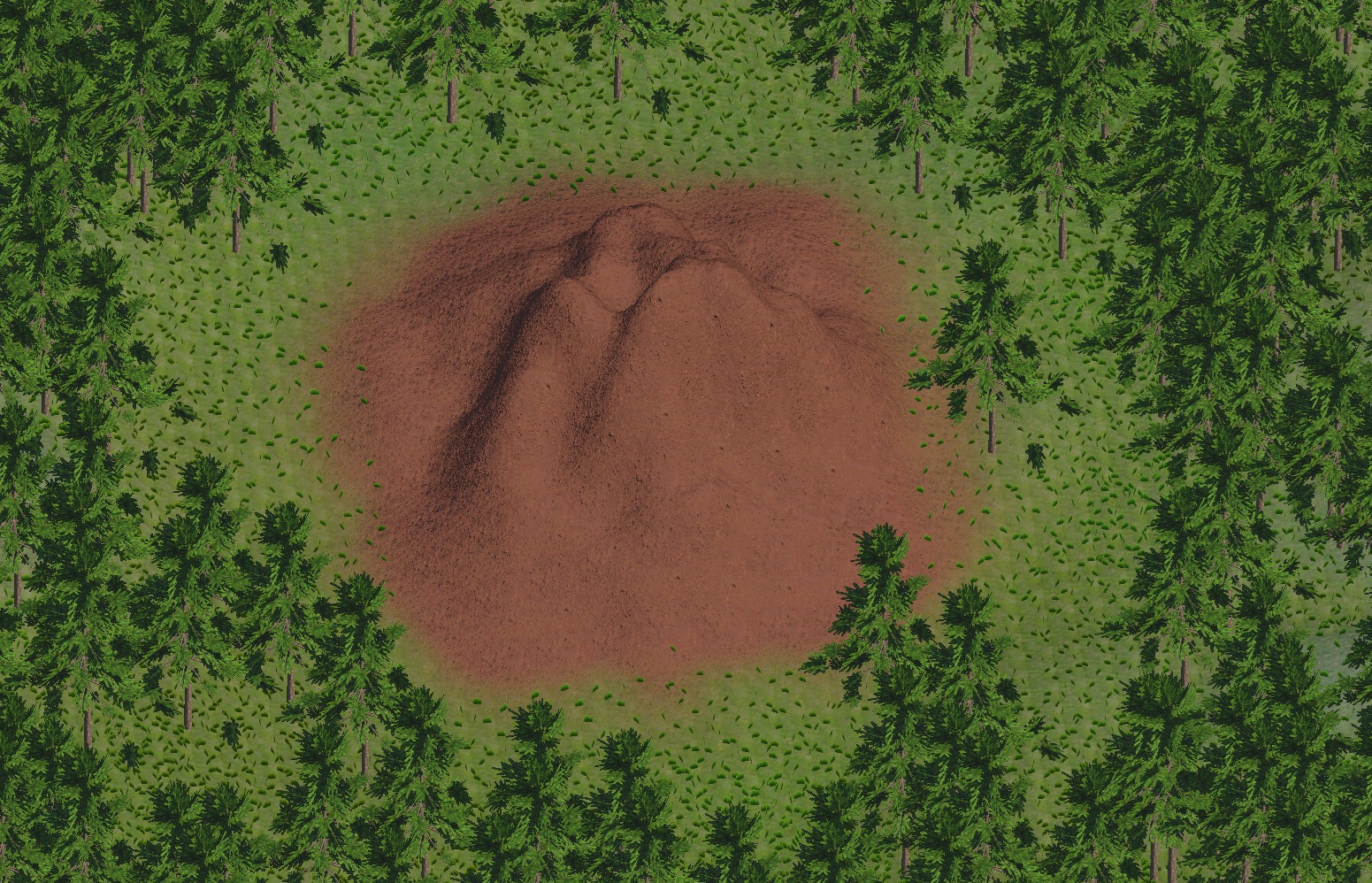 A mound of earth biome with no population output leaving a bare patch in the surrounding grass