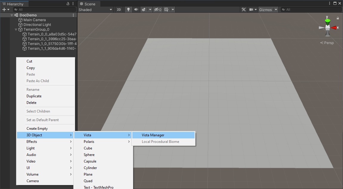 Unity Hierarchy menu showing 3D Object > Vista > Vista Manager