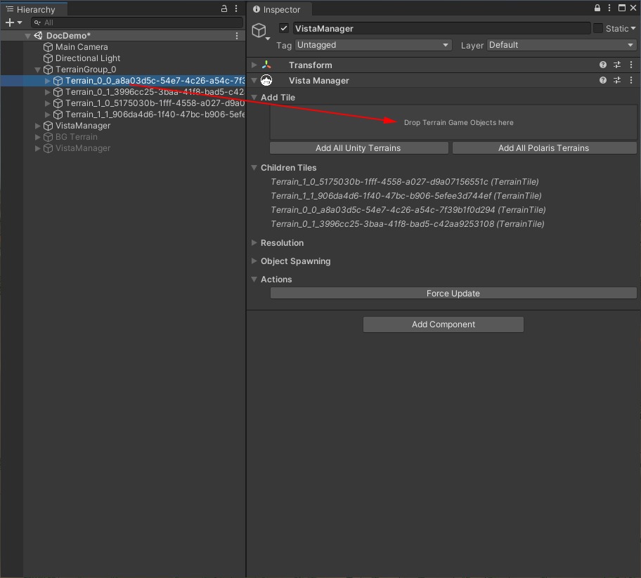 Adding existing terrain GameObjects to a Vista Manager